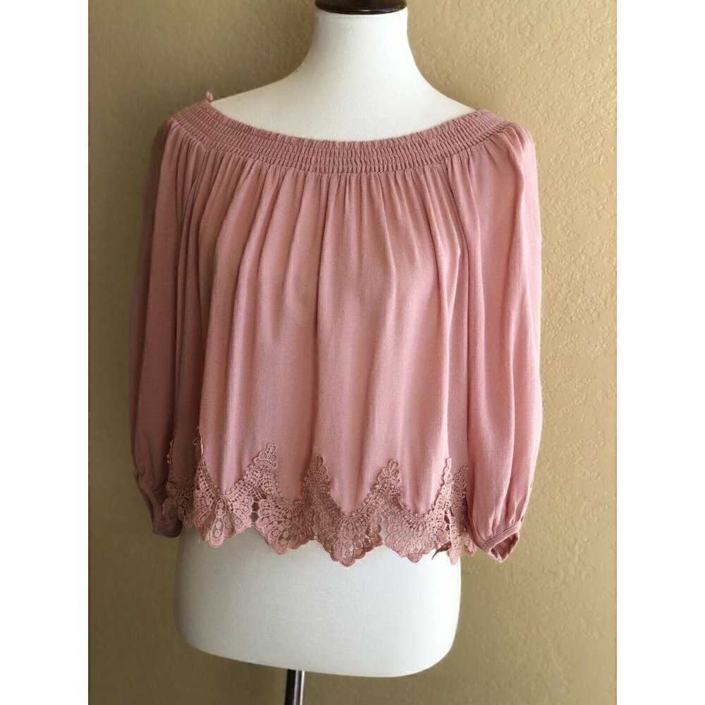 Lush Womens Pink Off The Shoulder Crochet Hem Blouse Top Size S